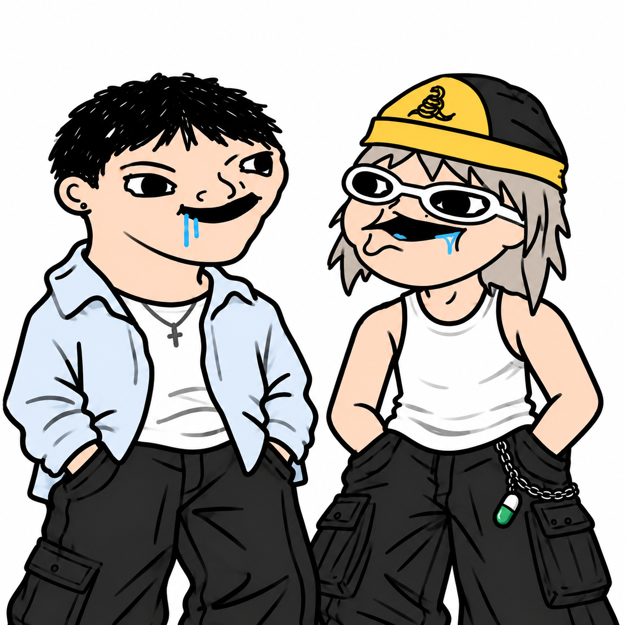 Standing caricatures of Alon and Kimchi, smiling with their hands in their pockets